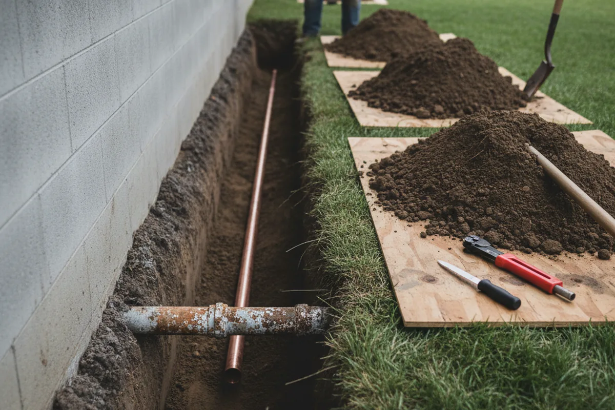 Excavated water line trench during Water Heater Repair in Waterfall